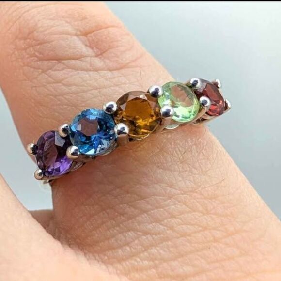 Vintage Multi Stone Rainbow Sterling Silver Ring Size 7 - Picture 1 of 6